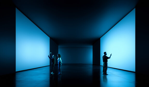 Neon surreal design. People interacting with large glowing blue screen walls in futuristic minimal corridor. Concept of tech display spaces, AI-enhanced backgrounds, and immersive digital visuals. - Powered by Adobe