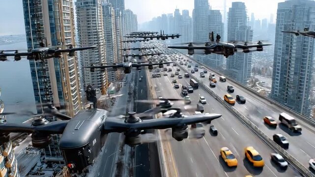 Drone Fleet above Urban Expressway: A squadron of futuristic drones gracefully navigates above a congested urban expressway, a testament to technological advancement in the bustling city.