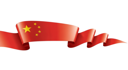 Waving chinese flag ribbon with golden stars on a black background on transparent background