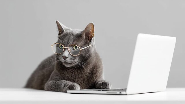 Adorable gray cat wearing round eyeglasses is lying on a white table and attentively looking at a laptop screen, working as a programmer