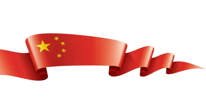 Waving chinese flag ribbon with golden stars on a black background on transparent background