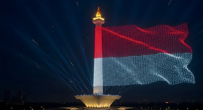 An epic night time drone light show illuminating the sky above the National Monument (Monas)in Jakarta, Indonesia. Thousands of illuminated drones form the dynamic, waving shape of the Indonesian flag