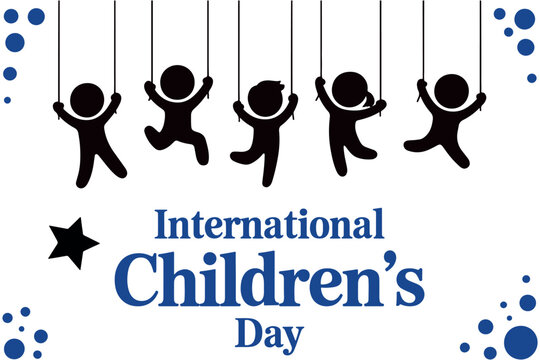 international children’s day celebration illustration featuring playful hanging kid silhouettes, decorative dots, and a joyful layout ideal for school events, awareness campaigns, posters, banners