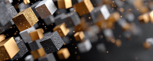 Abstract black background with floating gold and silver cubes and glittering metallic particles