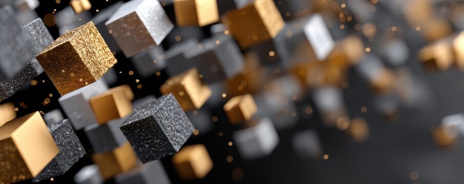 Abstract black background with floating gold and silver cubes and glittering metallic particles
