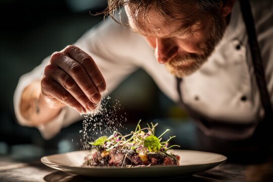 Professional chef seasoning a gourmet dish with precise technique under warm dramatic kitchen lighting creating an elegant culinary artistry and fine dining atmosphere
