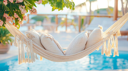 Luxurious cream hammock with soft pillows suspended over sparkling blue pool, framed by pink flowers and lush greenery in sun-drenched tropical resort setting, inviting relaxation and summer bliss.