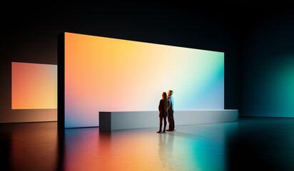 Collage of futuristic gallery interior with glowing gradient walls and two women observing digital...