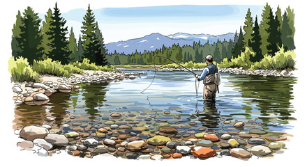 Man in waders enjoying fly fishing in a clear, shallow river with a scenic backdrop of evergreen forests and mountains.