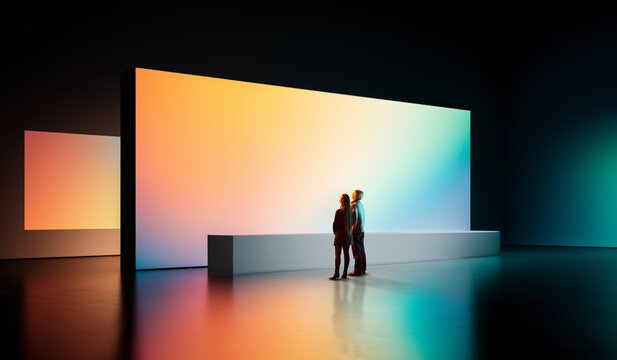 Collage of futuristic gallery interior with glowing gradient walls and two women observing digital display. Concept of digital setups, tech backgrounds, AI installation visuals, and modern spaces.