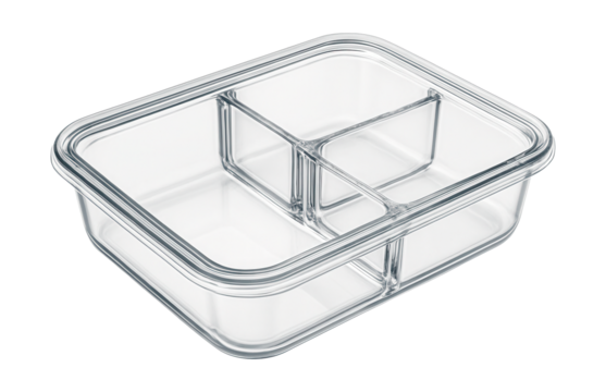 Clear divided container ideal for meal prepping lunches for work or school.
