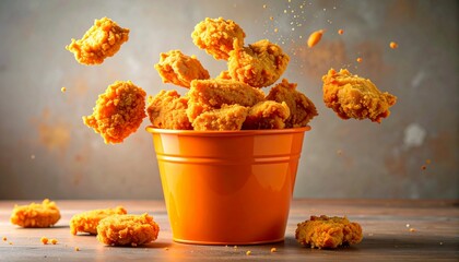 Crispy golden chicken nuggets cascade into a vibrant orange bucket, a delicious snack sensation. tasty