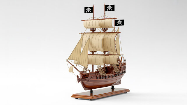 A detailed wooden model of a pirate ship with three masts, positioned on a wooden display stand with black casters