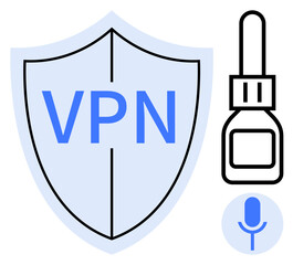 Shield labeled VPN, nasal spray bottle, microphone icon convey cybersecurity, health awareness, online communication. Ideal for privacy, encryption, healthcare, technology safety online freedom
