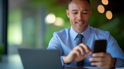 Connected Confidence: A focused individual, deeply engaged with technology, balances the use of a laptop and a smartphone, embodying the fusion of digital accessibility and serene focus. - Powered by Adobe