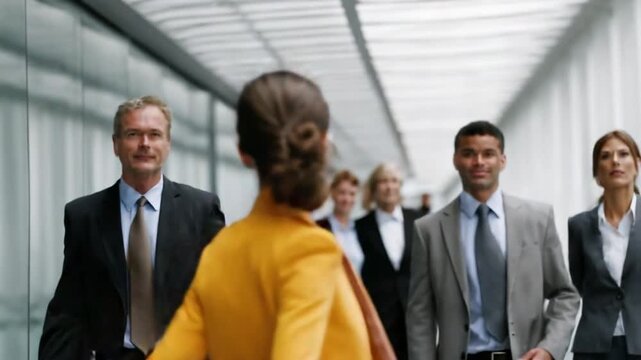 Business Delegation's Stroll: A determined woman strides confidently at the forefront, leading a business delegation through a modern architectural hallway. The shot conveys leadership, teamwork.