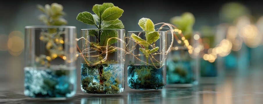 Closeup of a green plant in a glass jar with string lights for warm home decor
