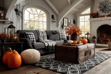 Naklejka premium Cozy autumn living room with pumpkins, fireplace, and rustic coffee table for Halloween decor