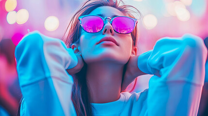 Captivating portrait of young woman in vibrant neon blue and pink light, wearing stylish reflective sunglasses and gazing upwards with hands behind her head, evoking futuristic or nightlife mood amids
