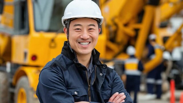 Confident Construction Worker: A skilled construction worker, radiating confidence and experience, poses proudly amidst the hum of activity, wearing a hard hat, jacket, and a sincere smile.