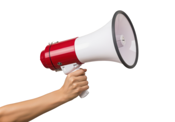 Hand Holding Red and White Megaphone for Announcements or Events