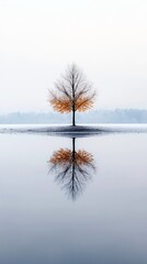 A single tree with a few remaining orange leaves stands in a barren landscape, its reflection mirrored in the calm water below.