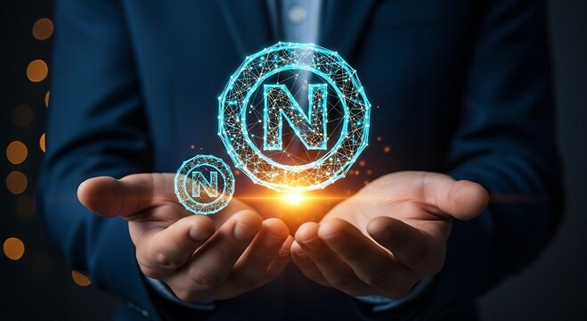 Businessman holding glowing digital cryptocurrency coin in hands.