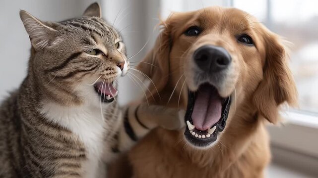 Tabby cat and a golden retriever sit side by side, both letting out simultaneous yawns. This adorable and humorous moment captures the special connection between these furry companions