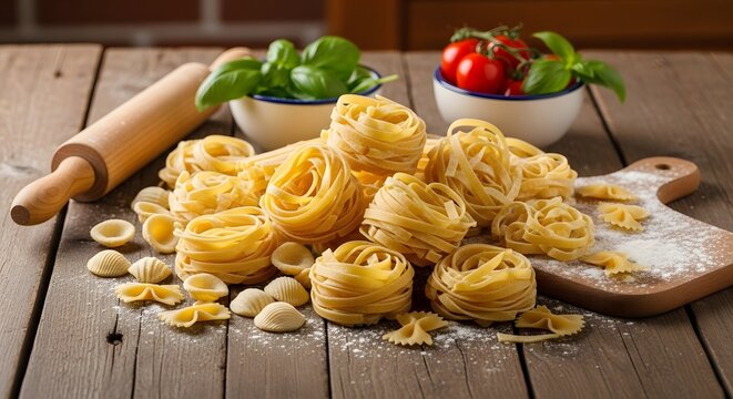 Close up of uncooked pasta with fresh ingredients on wooden surface