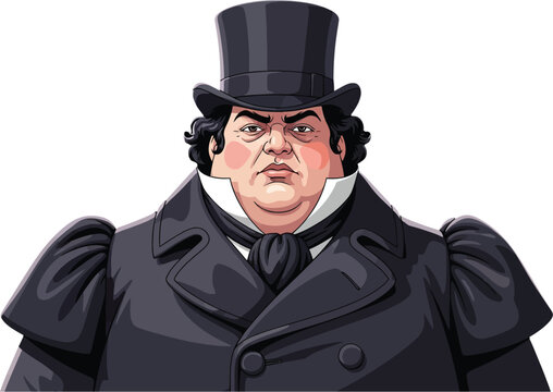 Cartoon illustration of a Victorian gentleman with top hat and dark coat