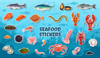 Naklejka premium Cartoon seafood and fish stickers pack with vector tuna, trout, shellfish and lobster, crab shrimp, squid and octopus. Oyster and caviar, seaweed, eel, mussel and scallop seafood cartoon stickers