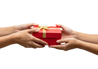Hands Exchanging Red Gift Box with Gold Ribbon in Soft Focus