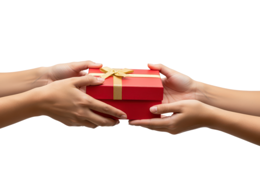 Hands Exchanging Red Gift Box with Gold Ribbon in Soft Focus