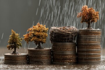 Naklejka premium Three stacks of coins support growing trees under rain, illustrating financial growth and nature together