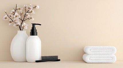A minimalist spa scene featuring a white vase with delicate white flowers, a white pump bottle, a black comb, and two neatly folded white towels.