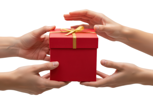 Hands Offering a Small Red Gift Box with Yellow Ribbon and Bow