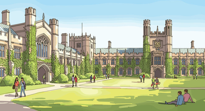 University students relax and walk on a sunny green quad surrounded by historic ivy-covered Gothic-style campus buildings.