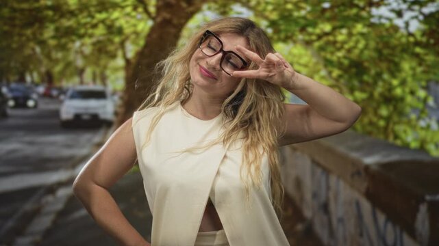Woman wearing glasses flashing a peace sign by her face on a leafy street with parked cars and graffiti wall; playful moment.