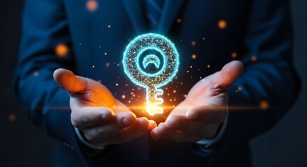 Businessman holding glowing digital key in hands, representing innovation and secure solutions.