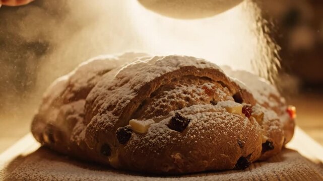 Powdered sugar dusting a loaf of fresh baked bread