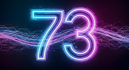 Digital number 73 with neon glowing lines and circuit patterns