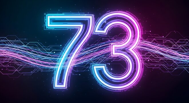 Digital number 73 with neon glowing lines and circuit patterns