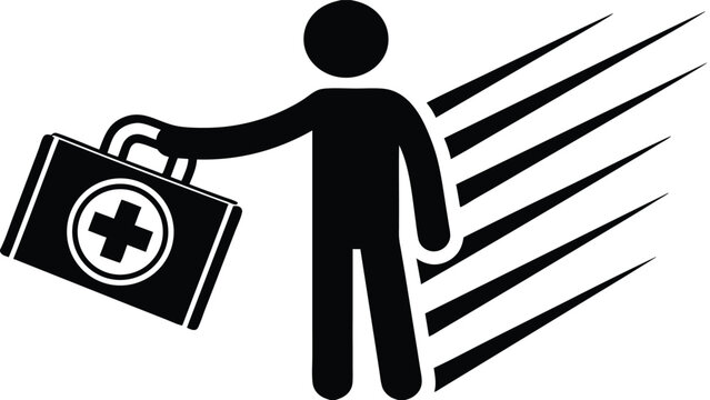 Emergency Medical Service: Person with First Aid Kit Icon in Bold Black and White Style, Conveying Urgency, Fast Response and Medical Assistance.     