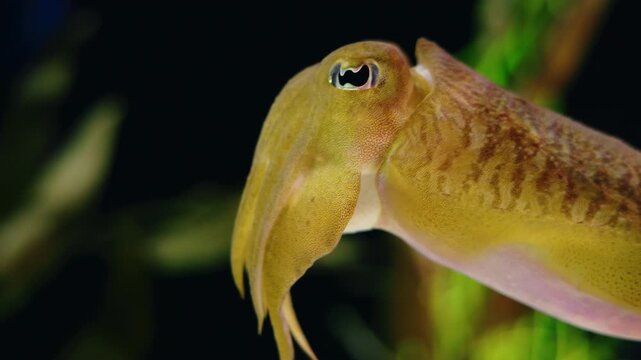 Close-up of a colorful cuttlefish swimming with vivid patterns and detailed texture against dark background