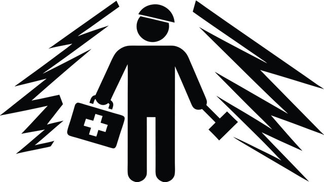 Electrical Hazard Icon: Black Silhouette of a Worker with a Toolbox and Hammer Surrounded by Lightning Bolts, Emphasizing Safety and Risk             