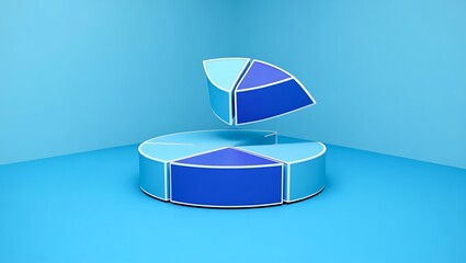 3 D blue pie chart with one slice floating above data analysis