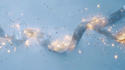 A shimmering silver ribbon is draped across a light blue surface, illuminated by tiny golden fairy lights and scattered glitter.