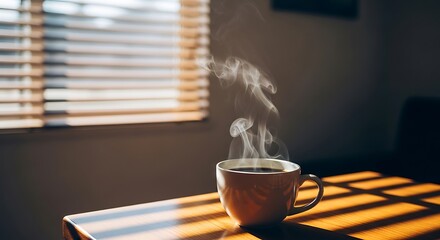 Steaming cup of dark coffee on a wooden table with sunlight streaming through blinds hot drink smoke