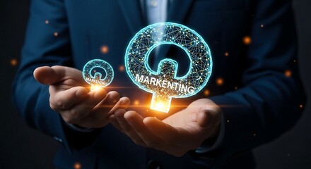 Businessman holding glowing digital marketing icon in hands.
