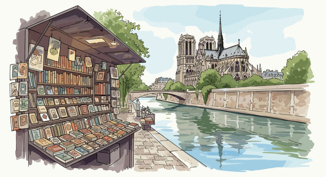 Charming bookseller stall along the River Seine in Paris, offering a picturesque view of the iconic Notre Dame Cathedral.